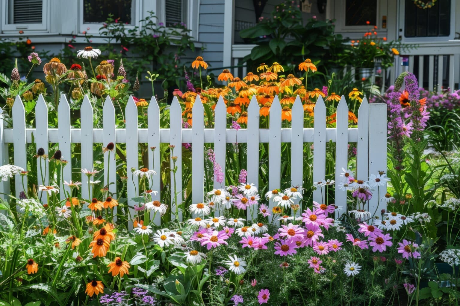 Vorgarten mit weißem Zaun zwischen bunten Blumen